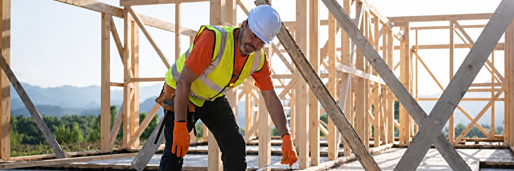 A construction worker in a hard hat is actively working on a building site, surrounded by construction materials and equipment.